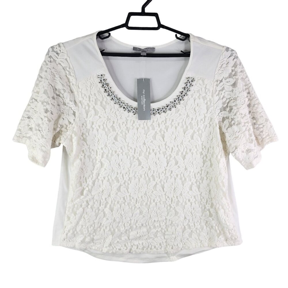 Womens White NY Collection Lace Blouse Top Embellished Neckline Short Sleeve 2X